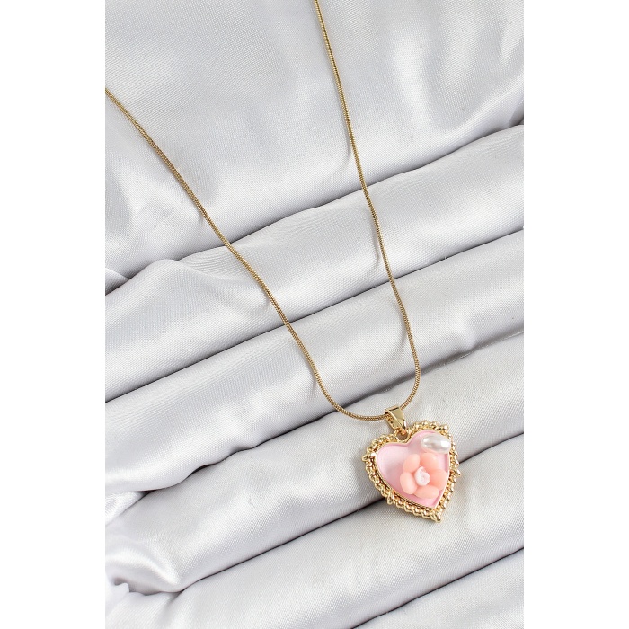 316L Çelik Zincir Pembe Sanatsal Portre İnci Detaylı Papatya Figürlü Kalp Model Gold Renk Kadın Kolye -