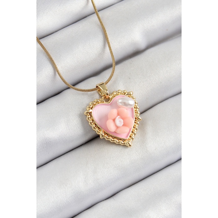316L Çelik Zincir Pembe Sanatsal Portre İnci Detaylı Papatya Figürlü Kalp Model Gold Renk Kadın Kolye -