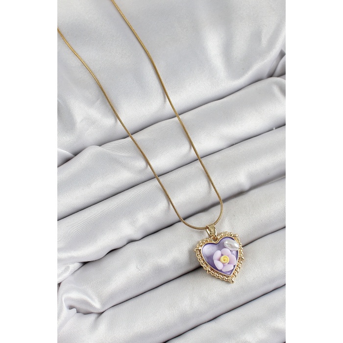 316L Çelik Zincir Mor Sanatsal Portre İnci Detaylı Papatya Figürlü Kalp Model Gold Renk Kadın Kolye -