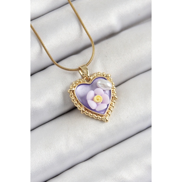 316L Çelik Zincir Mor Sanatsal Portre İnci Detaylı Papatya Figürlü Kalp Model Gold Renk Kadın Kolye -