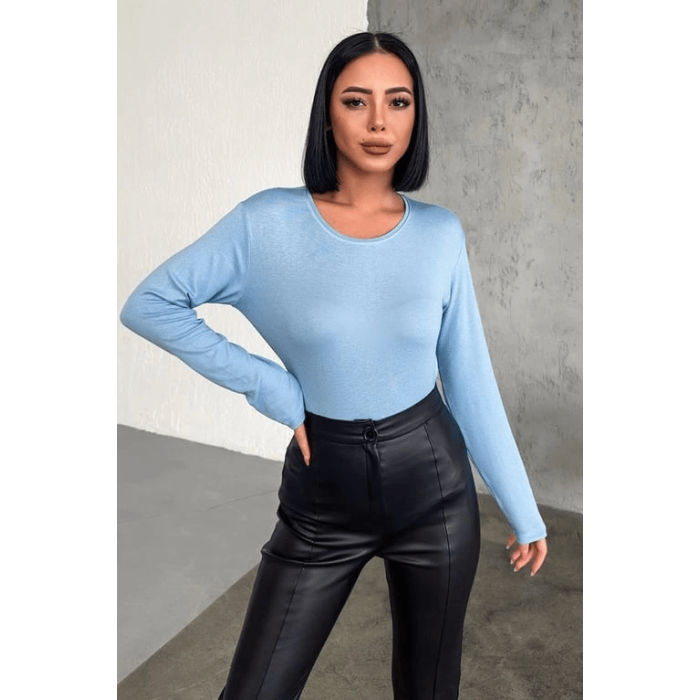Rahat Ve Şık Uzun Kollu Bisiklet Yaka Likralı Viskon Penye Body Bebe Mavisi ( Lisinya )