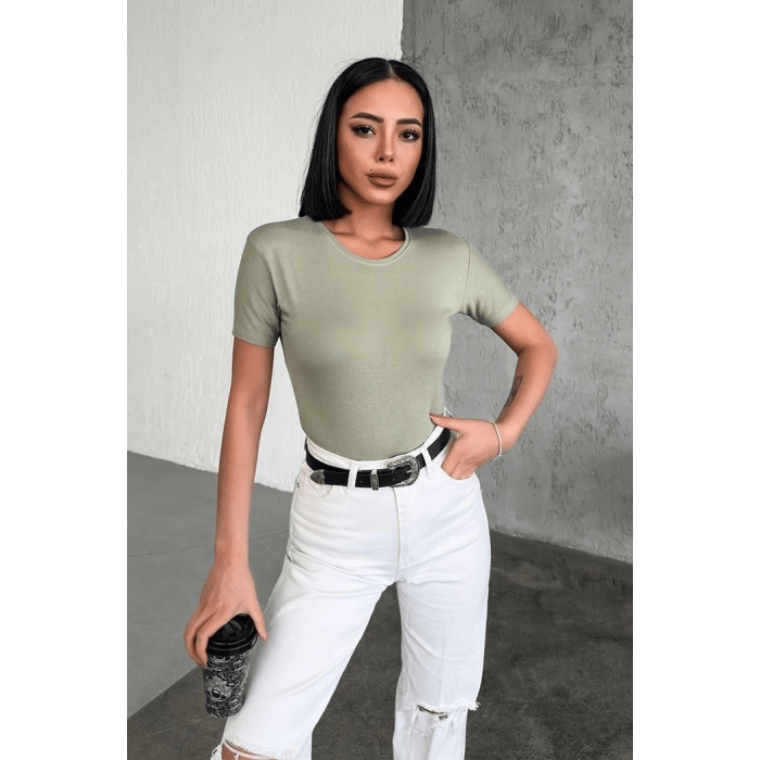 Rahat Ve Şık Kısa Kollu Bisiklet Yaka Likralı Viskon Penye Body Haki ( Lisinya )