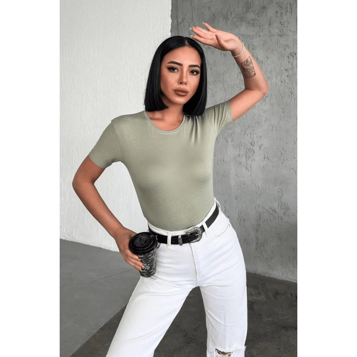 Rahat Ve Şık Kısa Kollu Bisiklet Yaka Likralı Viskon Penye Body Haki ( Lisinya )