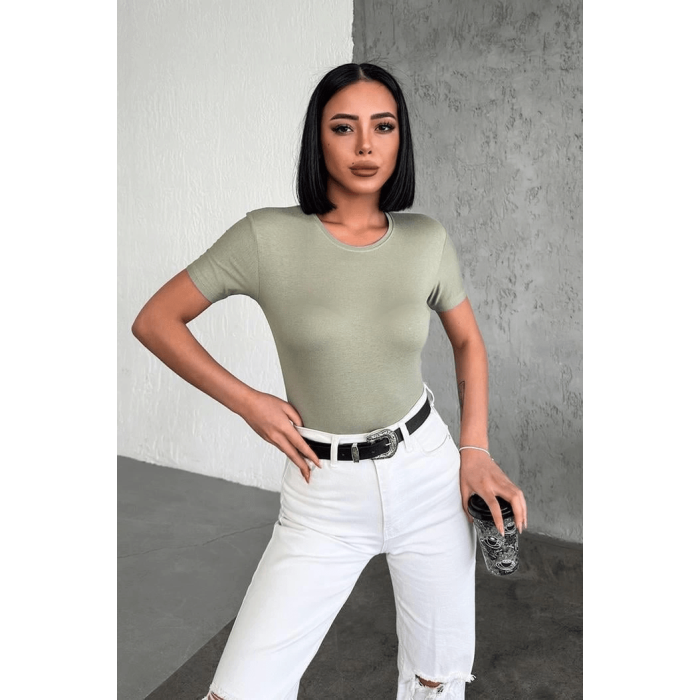 Rahat Ve Şık Kısa Kollu Bisiklet Yaka Likralı Viskon Penye Body Haki ( Lisinya )
