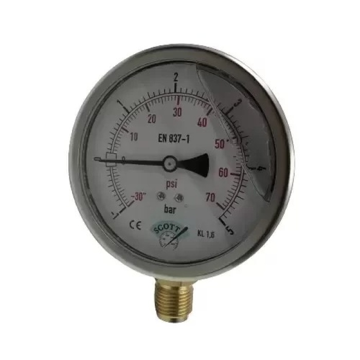 Manometre Gliserinli Alttan Çıkışlı Q100 - 0 - 1 + 5 Bar 1/2 (Lisinya)
