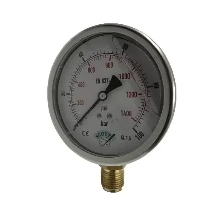 Manometre Gliserinli Alttan Çıkışlı Q100 - 0 - 100 Bar 1/2 (Lisinya)