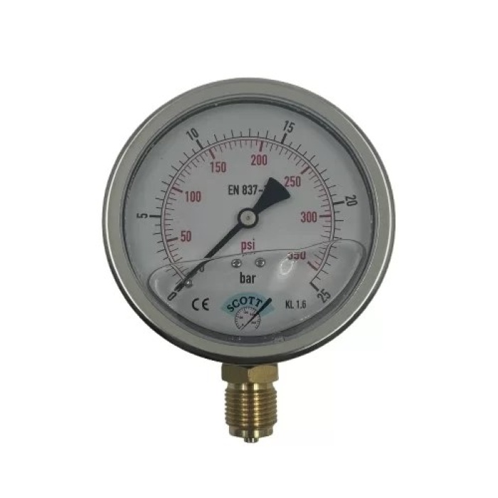 Manometre Gliserinli Alttan Çıkışlı Q100 - 0 - 25 Bar 1/2 (Lisinya)