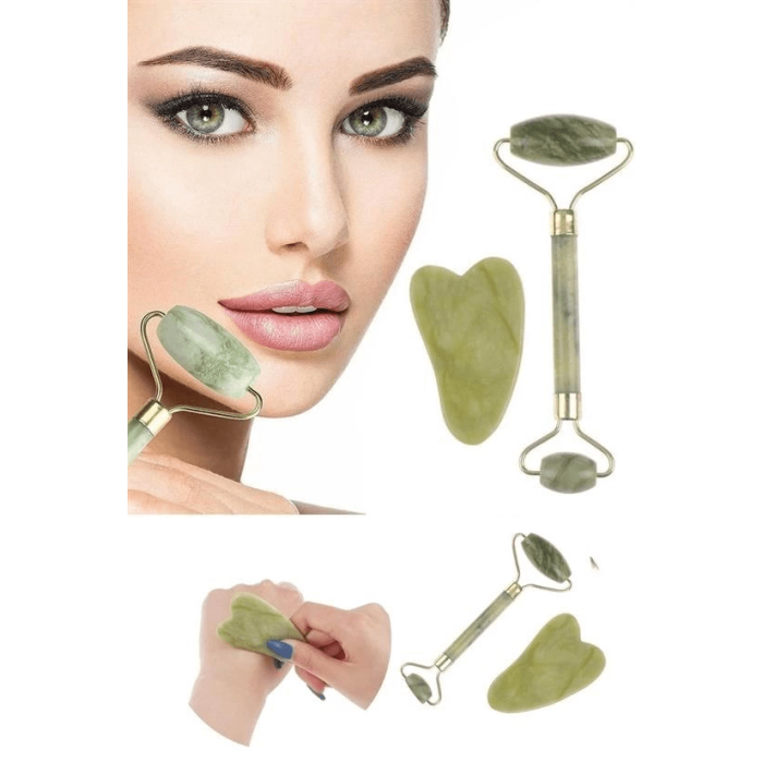 Çift Taraflı 2li Cilt Yüz Masaj Aleti Jade Roller Yeşim  Taşı Seti ( Lisinya )