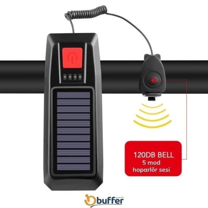 Solar Enerjili Usb İle Şarj Edilebilir Ledli Bisiklet Feneri Kornalı Ve Su Geçirmez Far ( Lisinya )