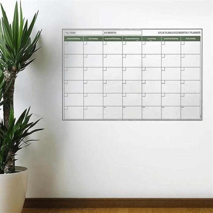 Manyetik Yapışkanlı Bir Aylık Program Planlayıcı Takvim 85x56 Cm ( Lisinya )