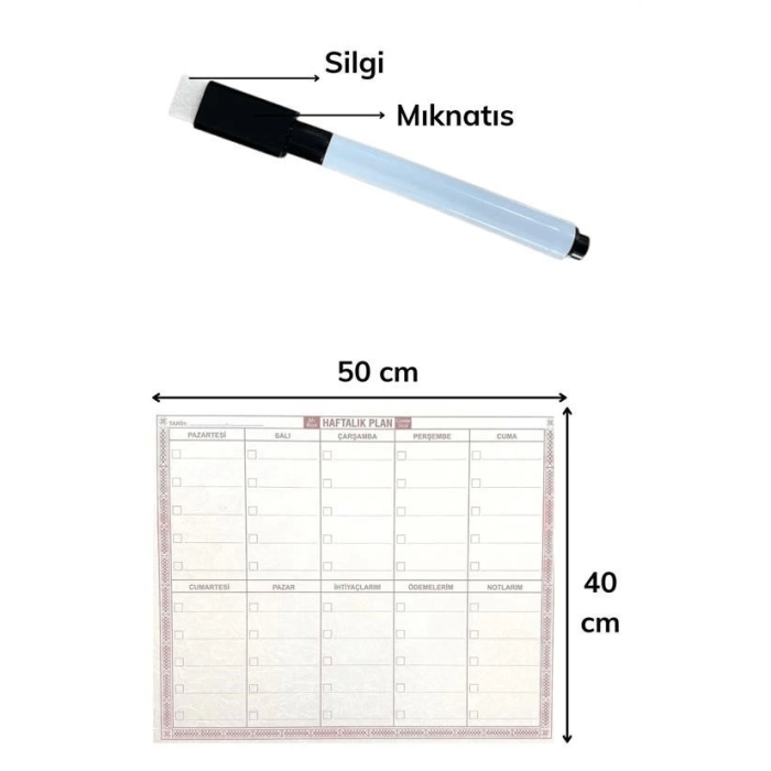 Şeffaf Kendiliğinden Yapışkanlı Kalemli Haftalık Planlayıcı 40cm-50cm ( Lisinya )