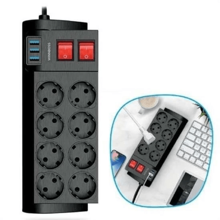 Isıya Dayanıklı Termal Akım Korumalı 2 Metre 16a 4000w 8li Priz Ve 3 Usb Li Uzatma Kablosu ( Lisinya )