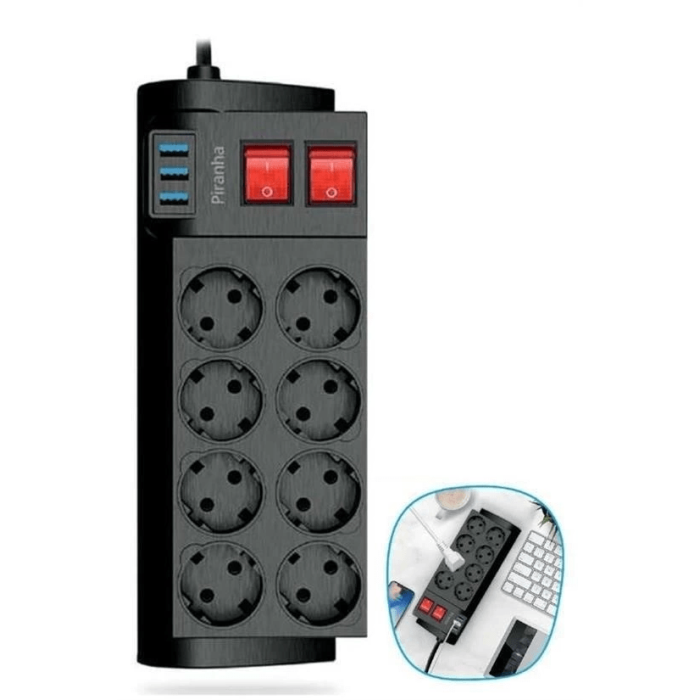 Isıya Dayanıklı Termal Akım Korumalı 2 Metre 16a 4000w 8li Priz Ve 3 Usb Li Uzatma Kablosu ( Lisinya )