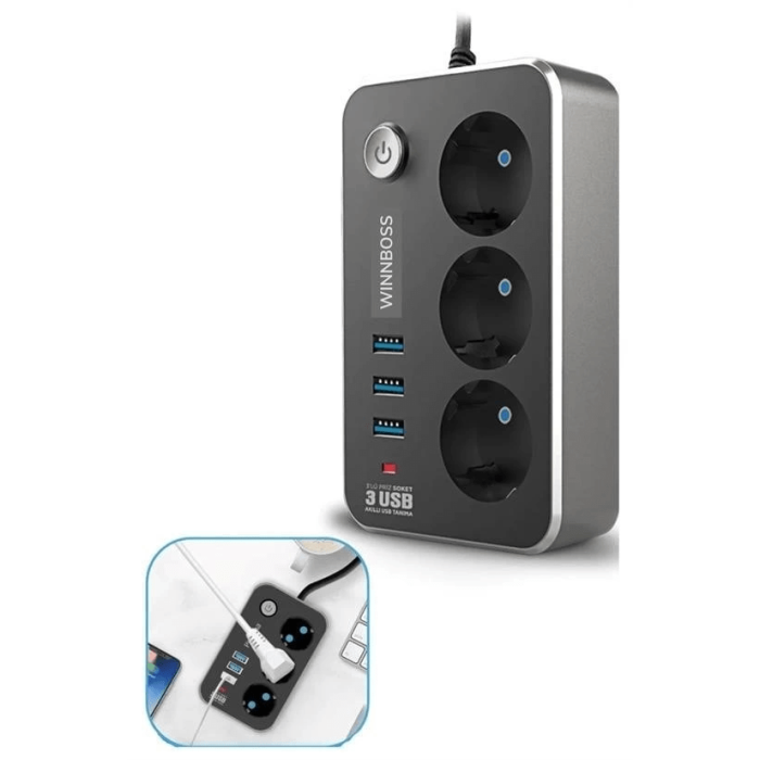 Isıya Dayanıklı Termal Akım Korumalı 2 Mt 10a 2500w 3lü Priz Ve 3 Usbi 21a Uzatma Kablosu ( Lisinya )