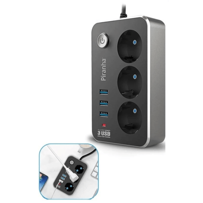 Isıya Dayanıklı Termal Akım Korumalı 2 Mt 10a 2500w 3lü Priz Ve 3 Usbi 21a Uzatma Kablosu ( Lisinya )