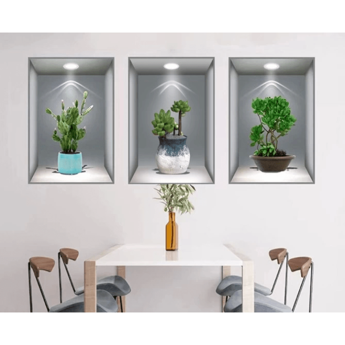 Pratik 3d Çiçek Vazo Duvar Sticker 3 Lü Set Gri Fon ( Lisinya )