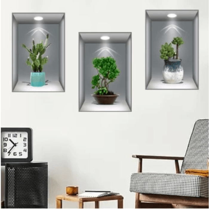 Pratik 3d Çiçek Vazo Duvar Sticker 3 Lü Set Gri Fon ( Lisinya )