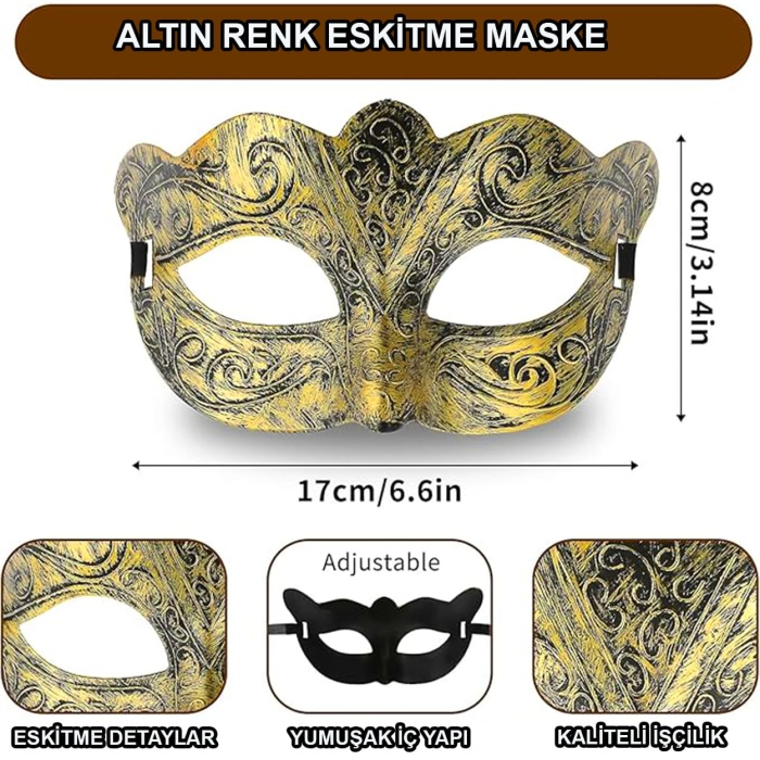 Altın Renk Eskitme Maskeli B Maskesi – Venedik Tarzı Parti Maskesi