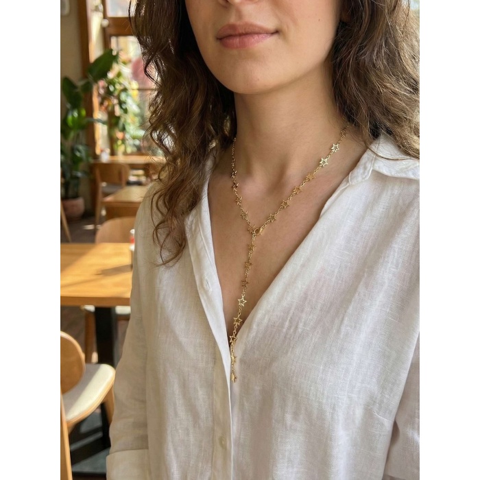 Pirinç Gold Renk Yıldızlı Kadın Y Kolye -