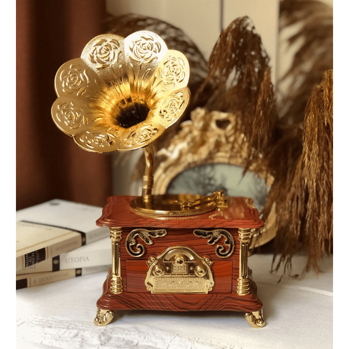 Nostaljik Tasarımlı Kurmalı Ve Çekmeceli Gramofon Müzik Kutusu (kahverengi) ( Lisinya )