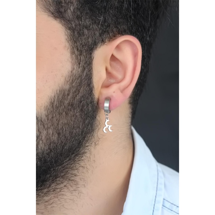 Silver Renk Kaplama 3 Hilal Figürlü Çelik Kıstırmalı Erkek Küpe - Lisinya