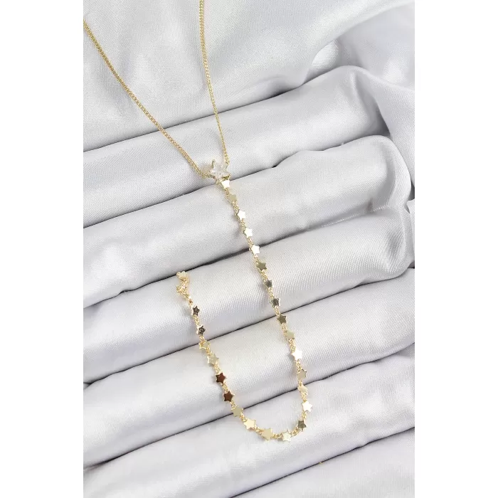 Pirinç Zirkon Taşlı Yıldız Figürlü Y Model Gold Renk Kadın Kolye