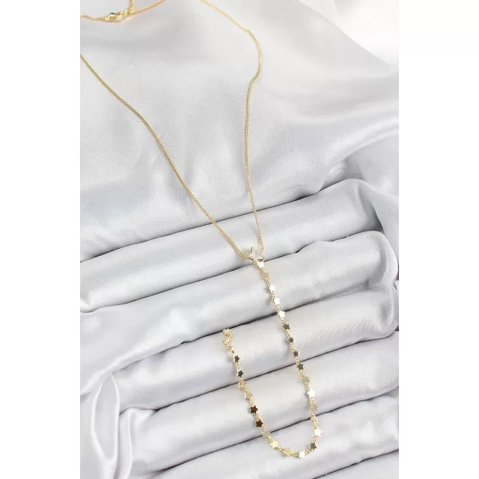 Pirinç Zirkon Taşlı Yıldız Figürlü Y Model Gold Renk Kadın Kolye