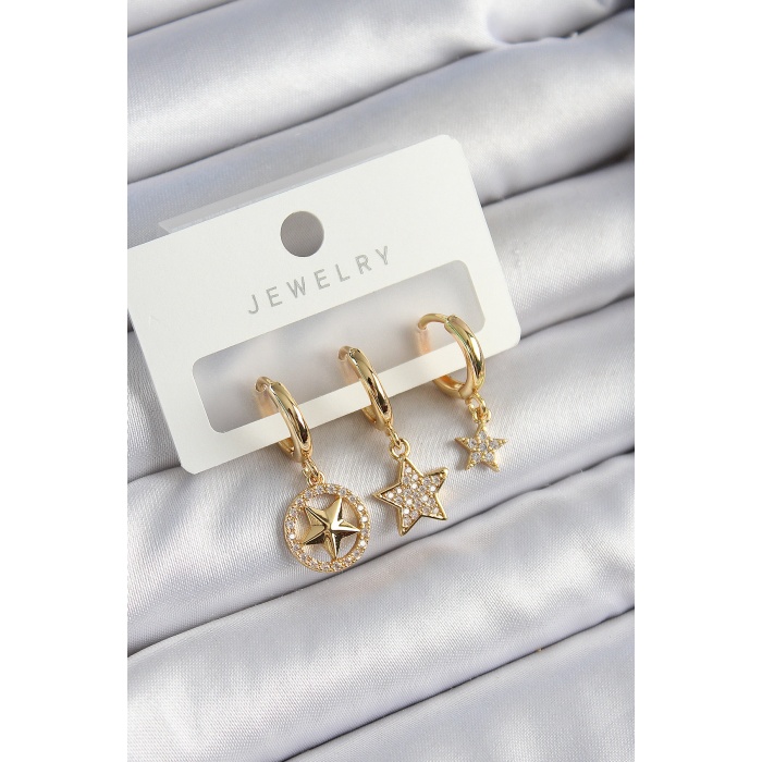 Pirinç Zirkon Taşlı Yıldız Model Gold Renk 3lü Çift Kadın Küpe Set - Lisinya