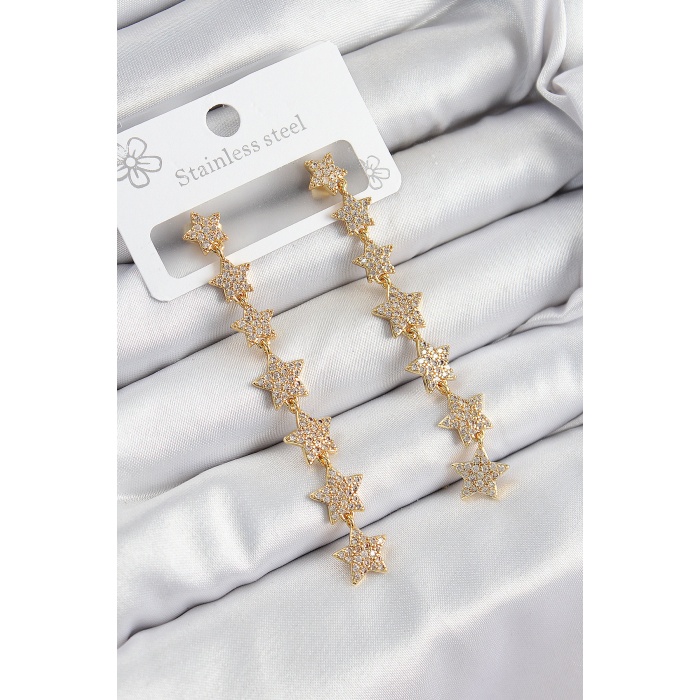 Pirinç Zirkon Taşlı Sallantılı Yıldız Model Gold Renk Kadın Küpe -