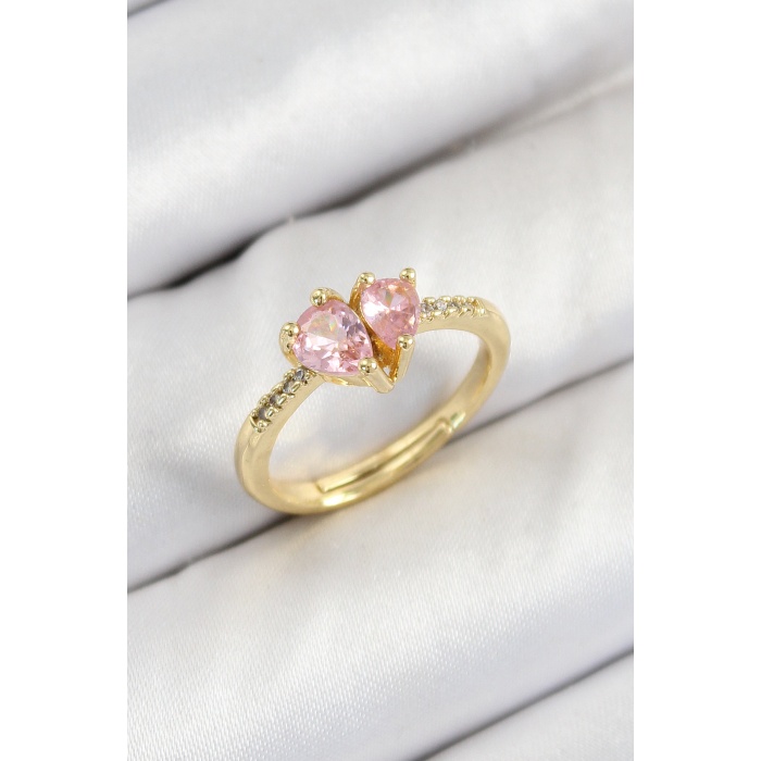 Pirinç Zirkon Taşlı Pembe Kalp Model Gold Renk Kadın Yüzük -