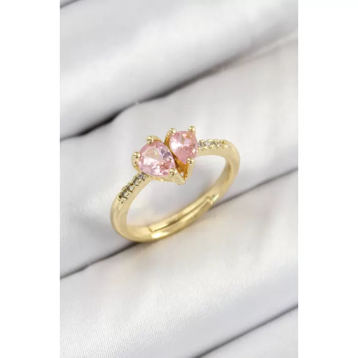 Pirinç Zirkon Taşlı Pembe Kalp Model Gold Renk Kadın Yüzük