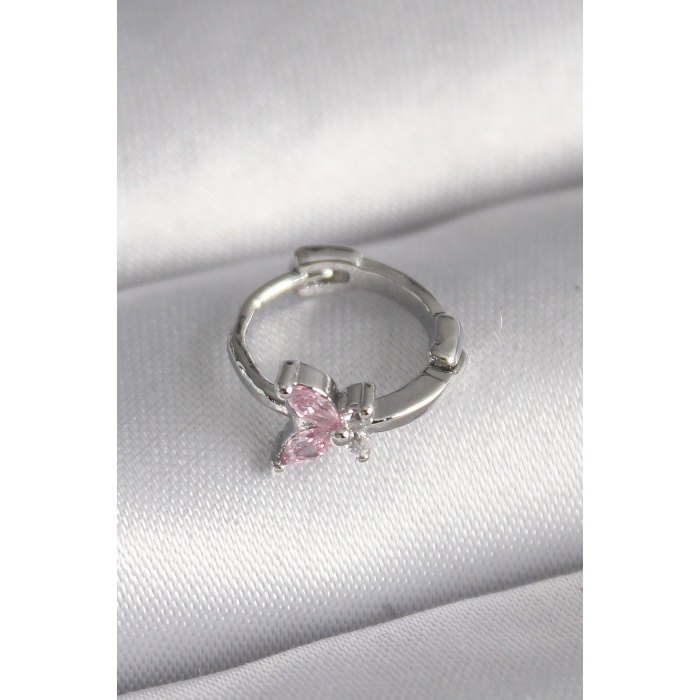 316L Çelik Gümüş Renk Pembe Zirkon Taşlı Kelebek Model Tragus Piercing - Lisinya
