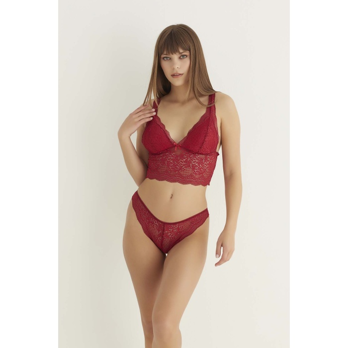 Bordo Destekli V Yaka Dantelli Büstiyer Takımı 5567