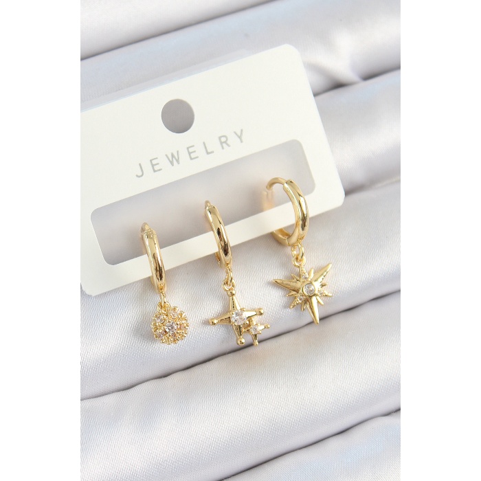 Pirinç Zirkon Taşlı Yıldız Model Gold Renk 3lü Çift Kadın Küpe Set - Lisinya