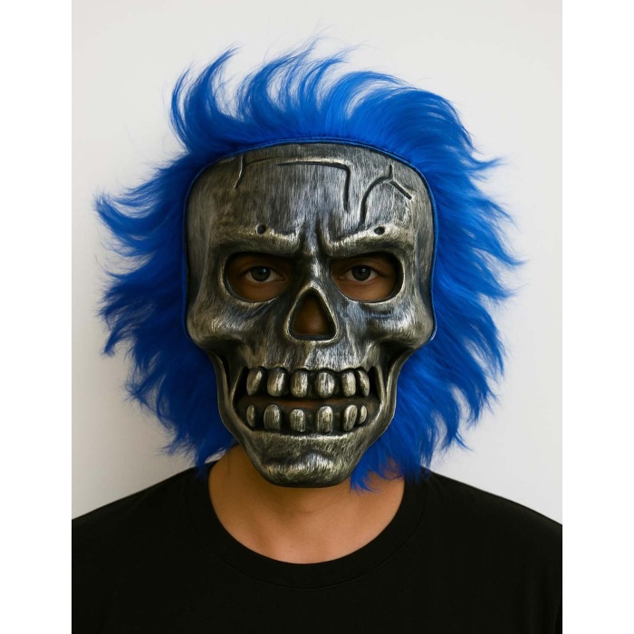 Wild Skull - Gümüş Kafatası Mavi Saçlı İskelet Maske