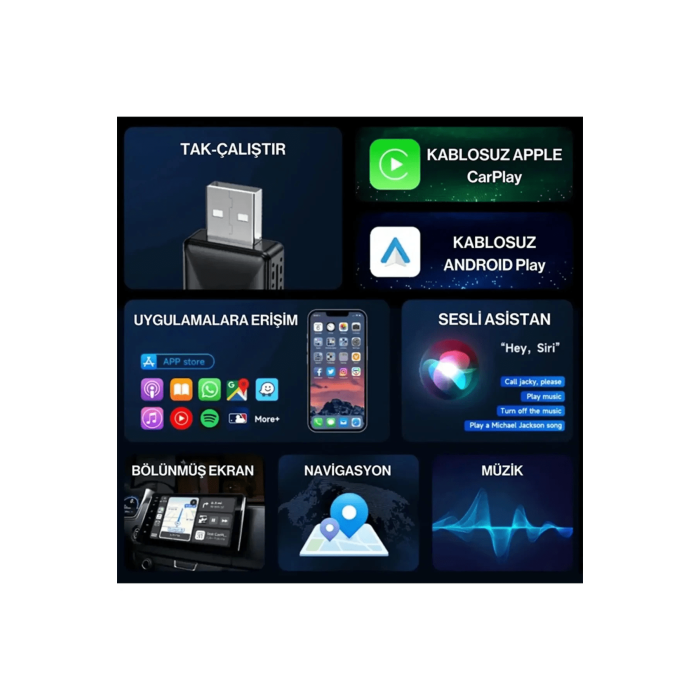 Kablosuz Carplay & Android Auto Adaptörü - Apple Ve Android Cihazlar İçin Evrensel Wireless Carplay Çevirici ( Lisinya )