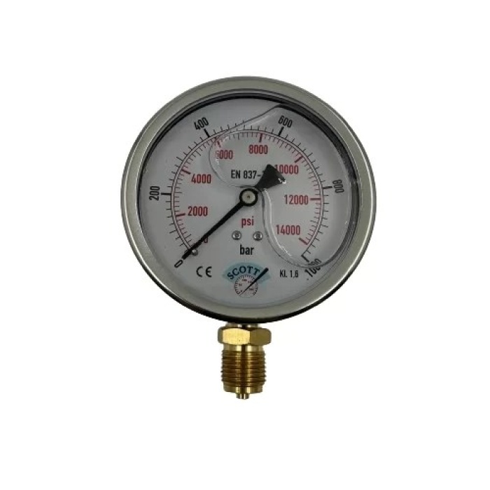 Manometre Gliserinli Alttan Çıkışlı Q100 - 0 - 1000 Bar 1/2 (Lisinya)
