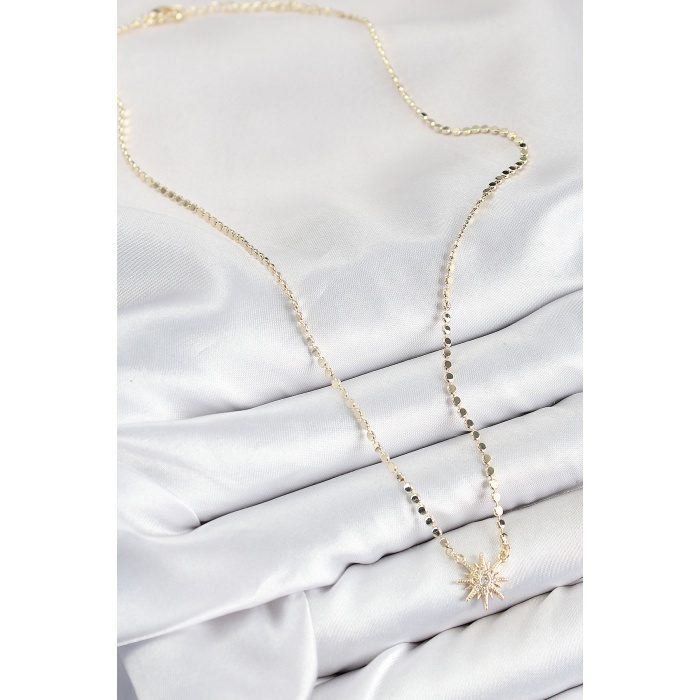 Pirinç Zirkon Taşlı Kutup Yıldızı Model Ezme Zincir Gold Renk Kadın Kolye -