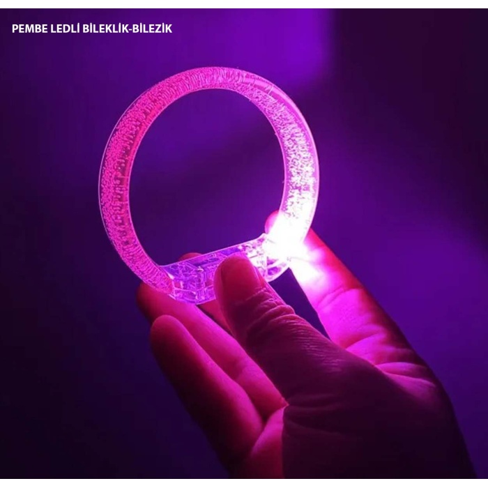 Pembe Led Işıklı Baskı Yapılabilen Pilli Bileklik Bilezik 1,5 cm Genişlik
