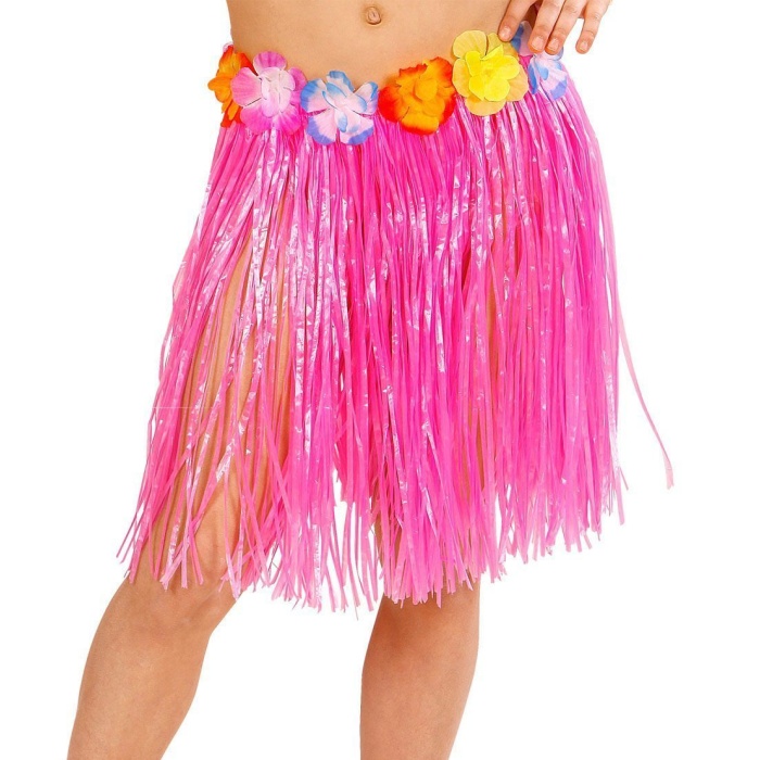 Yetişkin ve Çocuk Uyumlu Pembe Renk Püsküllü Hawaii Luau Hula Etek 40 cm