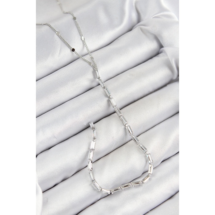 Pirinç Zirkon Taşlı Model Gümüş Renk Y Kolye -