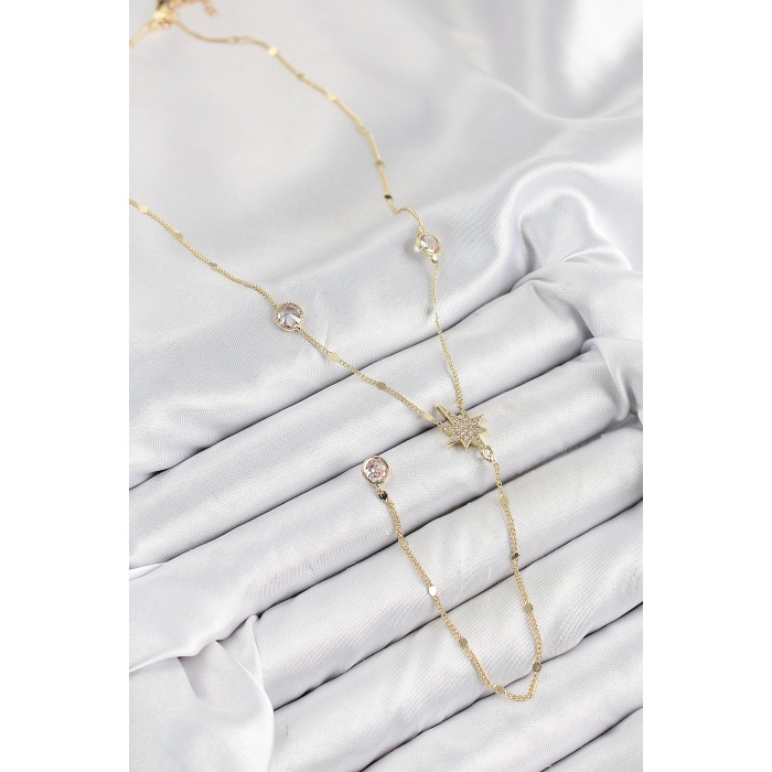 Pirinç Zirkon Taşlı Kutup Yıldızı Model Gold Renk Y Kolye -