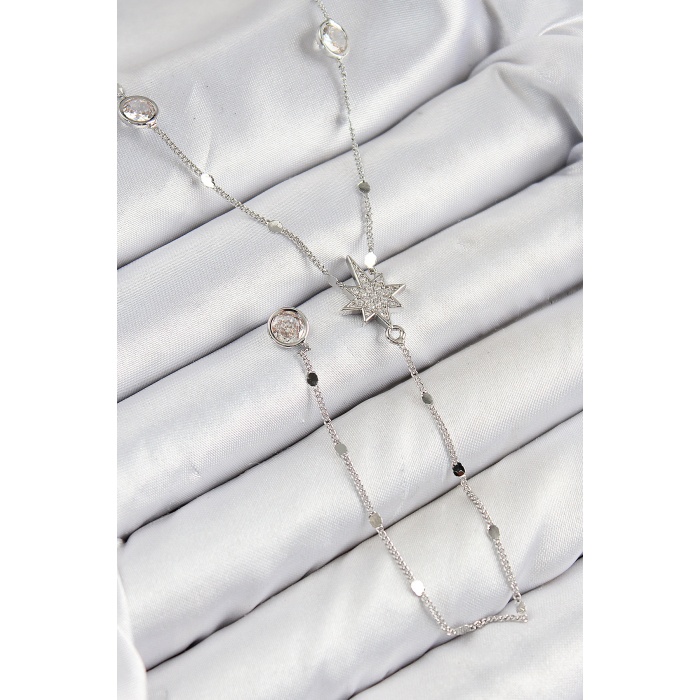 Pirinç Zirkon Taşlı Kutup Yıldızı Model Gümüş Renk Y Kolye -