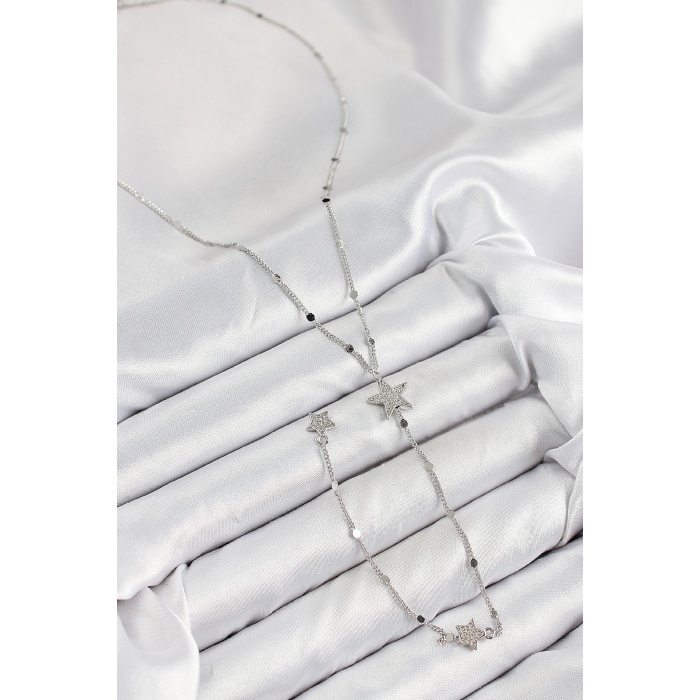 Pirinç Zirkon Taşlı Yıldız Model Gümüş Renk Y Kolye -