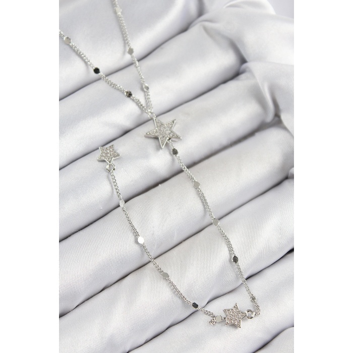 Pirinç Zirkon Taşlı Yıldız Model Gümüş Renk Y Kolye -