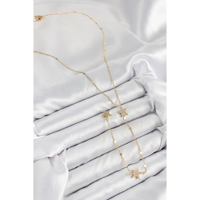 Pirinç Zirkon Taşlı Yıldız Model Gold Renk Y Kolye -