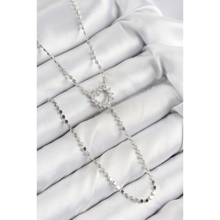 Pirinç Zirkon Taşlı Ezme Zincirli Kalp Model Gümüş Renk Y Kolye -