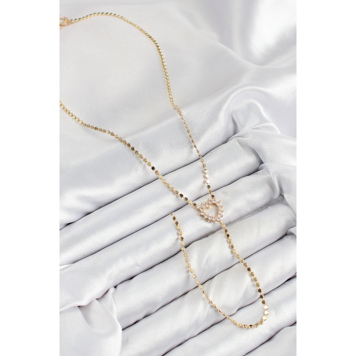 Pirinç Zirkon Taşlı Ezme Zincirli Kalp Model Gold Renk Y Kolye -