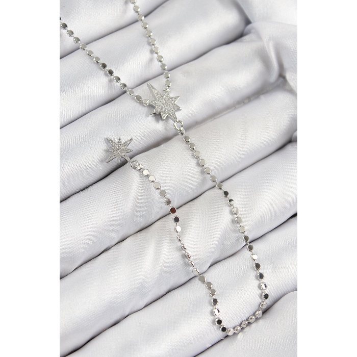 Pirinç Zirkon Taşlı Ezme Zincirli Kutup Yıldızı Model Gümüş Renk Y Kolye -