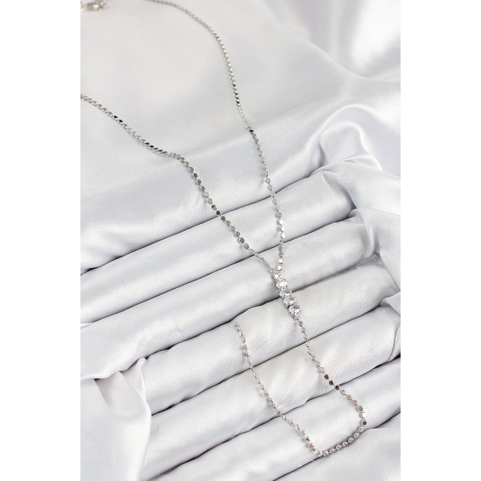 Pirinç Zirkon Taşlı Ezme Zincirli Model Gümüş Renk Y Kolye -